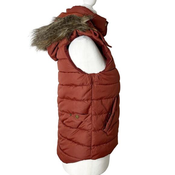 H&M L.O.G.G. Women's Puffer Vest 6 Brown Orange Hooded Faux Fur Removable Zip Up - Picture 4 of 8